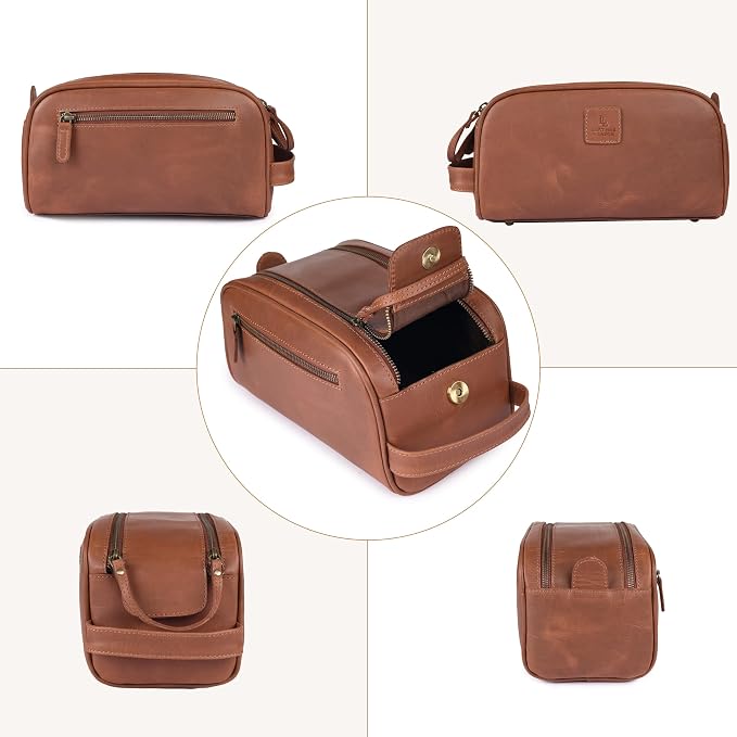 Leather Toiletry Travel Bag with Waterproof Lining, Large Capacity Vintage Dopp Kit, Shaving & Cosmetic Organizer for Men & Women - Tan - Image 6