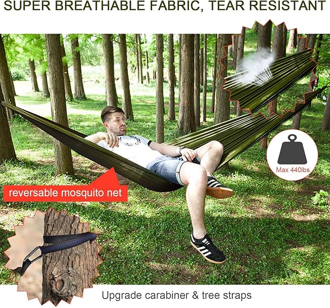 Camping Hammock with Rain Fly Tarp and Mosquito Net Tent Tree Straps, Portable Single Double Nylon Parachute Hammock Rainfly Set for Backpacking Hiking Travel Yard Outdoor Activities Green - Image 3