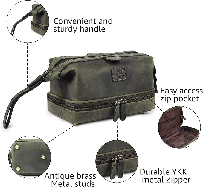 LEATHER VILLAGE Genuine Leather Dopp Kit – Large Travel Toiletry Bag with Waterproof Lining, Dual-Zip Design for Men & Women, Organizer for Shaving, Makeup & Essentials - Olive - Image 3