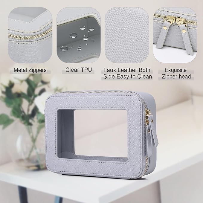 Pinkmik Clear Makeup Bag for Women Waterproof Travel Cosmetics and Toiletries Case Portable Makeup Oaganizer Bag Clear Car Bag with Zipper (Gray, M) - Image 5