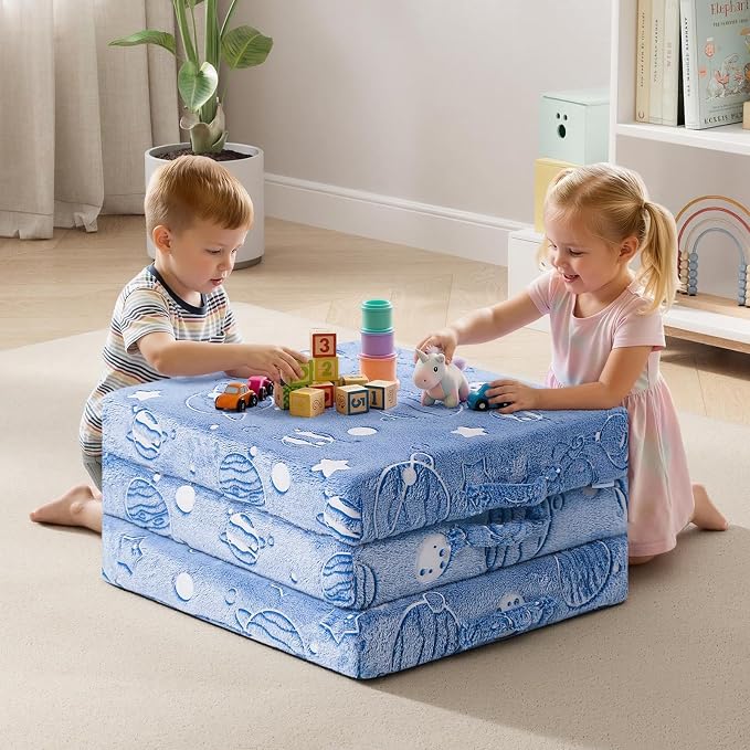 MeMoreCool Glow Space Kids Foldable Floor Mattress Trifold, 57x22 Inch Blue | Glow space trifold mattress for kids room, playroom, reading and travel - Image 5