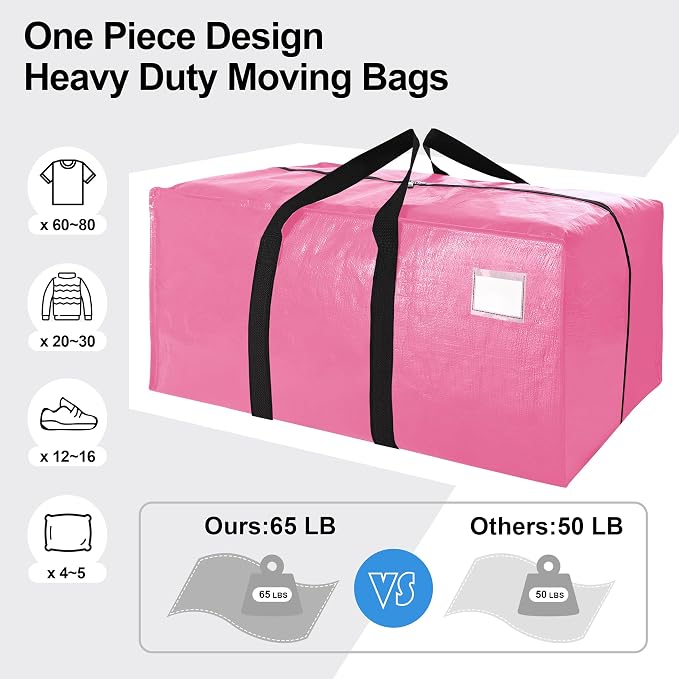 VELVETSURE 6 Pack Heavy Duty Large Moving Bags W/Backpack Straps - Strong Handles & Zippers, Storage Totes For Space Saving, Fold Flat, Alternative to Moving Box and Storage Bin, Pink - Image 5