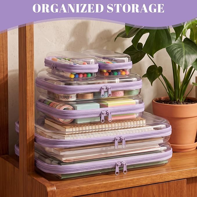 12 Pack Clear Hard Shell Zipper Case with 40 Labels, X-Large/Medium/Small Stackable Clear Pouches, Crush-resistant Travel Toiletry Bag Organizer for Makeup Board Games Electronics (Purple) - Image 7