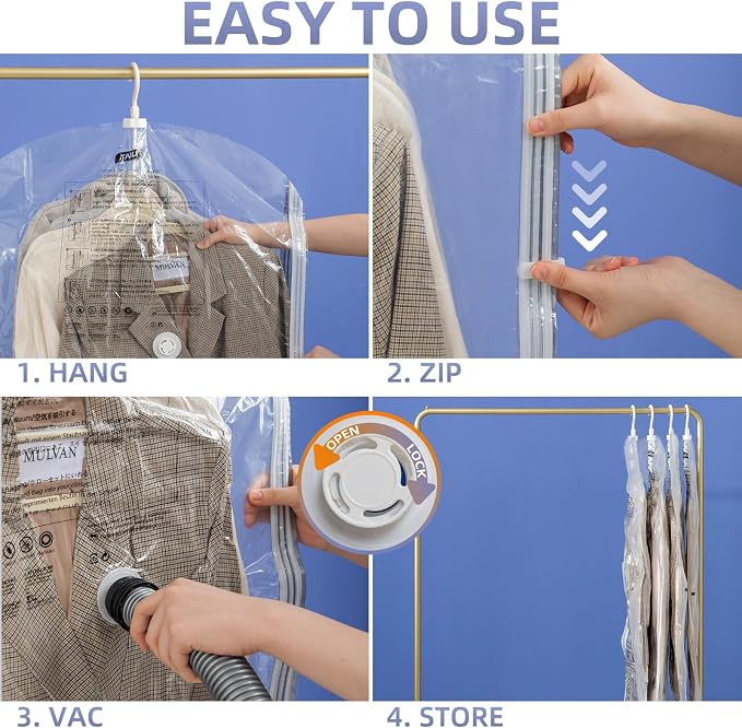 Hanging Vacuum Storage Bags, 4 Pack Short Size 41.3 x27.6 inch, Vacuum Seal Bags for Clothing, Space Saver Garment for Short Clothes, Coats, Suits, Dresses, Closet Oragnization and Storage - Image 5