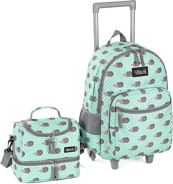 Tilami Rolling Backpack 18 inch Double Handle with Lunch Bag Wheeled Kids Backpack for Girls and Boys, Hedgehog Green by Tilami