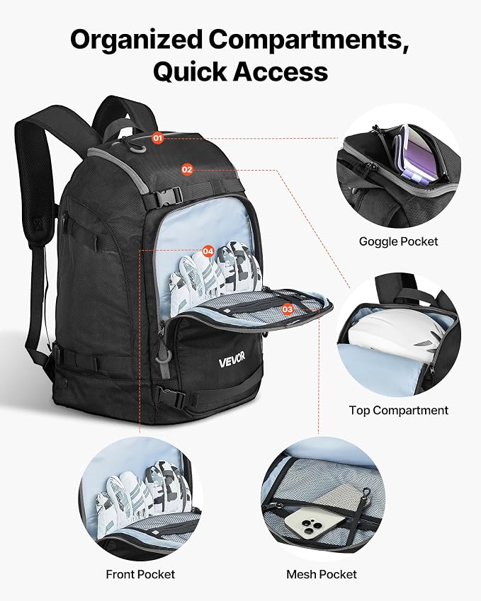 VEVOR Ski Boot Bag, Snowboard Boots Travel Backpack for Men Women, with Waterproof Exterior & Bottom, Durable 1680D Oxford, Bag for Skis, Snowboard, Helmet, Goggles, Gloves, Accessories - Image 3