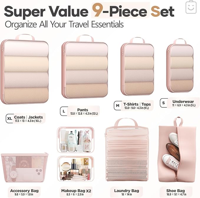 Veken 9/11 Set Compression Packing Cubes for Travel Essentials,Compressible Expandable Luggage Suitcase Organizer Bags with Garment Bag,Space Saver Bags with Over 1000 pcs of Mesh Holes(Beige) - Image 2