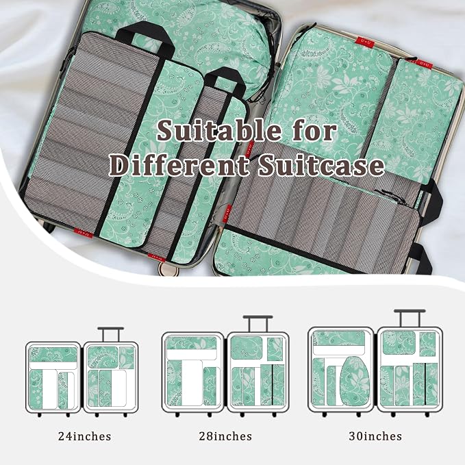 U+U 10 Set Compression Packing Cubes - Ultralight Travel Organizers with Laundry Bag and Cosmetic Bag, Space-Saving Suitcase Organizer for Travel, Business Trip and Family Vacation (Green Paisley) - Image 6