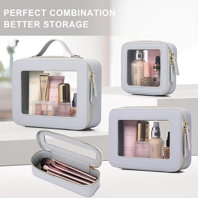 Pinkmik Clear Makeup Bag Waterproof Travel Case for Cosmetics and Toiletries Women's Purse Organizer and Clear Car Bag with Zipper (Gray, M+MINI) - Image 7