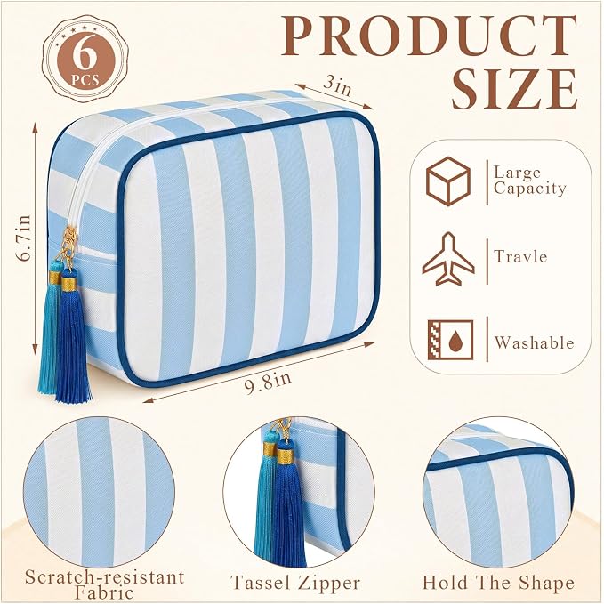 Kacctyen 6 Pack Baby Blue and White Striped Makeup Bag bulk with Tassel Travel Cosmetic Pouch Organizer Large Zipper Toiletry Case for Women Aesthetic Storage Pouch Mahjong Tile Bag - Image 2
