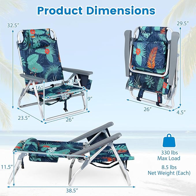Giantex Folding Beach Chair, Patio Sling Chairs with 5 Adjustable Position, Head Pillow, Storage Bag, Towel Bar, Cup Holders, Backpack Chairs for Sunbathing, Camping Chair - Image 2
