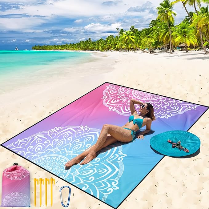 WIWIGO Beach Blanket Waterproof Sandproof Beach Mat 79" X 83"/10'x9'for 2-8 Adults Quick Drying Outdoor Picnic Mat Beach Accessories for Travel, Camping, Hiking by WIWIGO