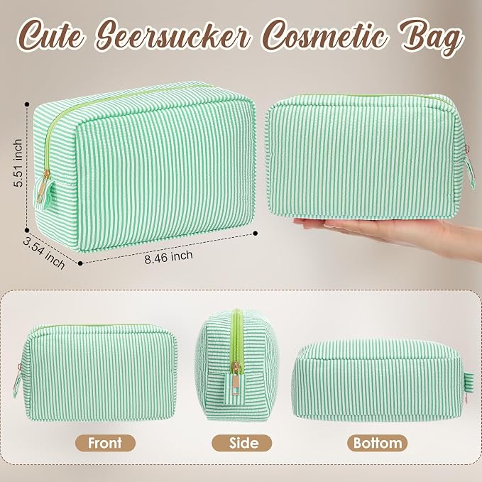 Sanwuta 10 Pcs Seersucker Cosmetic Bag Seersucker Makeup Bag Women Stripe Large Travel Toiletry Organizer Preppy Storage Pouch for Embroidery Wedding Bridesmaid Bride Mom (Green) - Image 2
