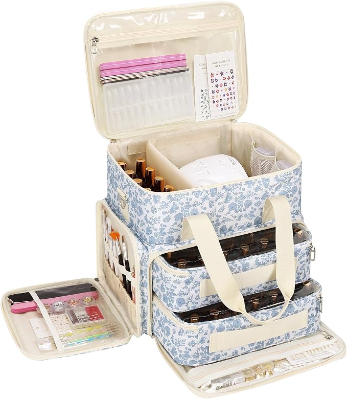 Relavel Nail Polish Organizer, Nail Bag Holds 80 to 100+ Bottles (15ml/0.5fl.oz) Nail Lamp, Nail Supplies Kit Gels Polish Storage Case with 2 Removable Pouches for Manicure Nail Tech Gifts (Floral) by Relavel