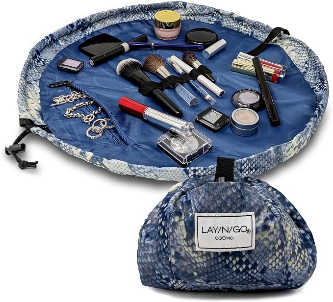 Lay-n-Go Cosmo Drawstring Cosmetic & Makeup Bag Organizer - Portable Drawstring Makeup Bag w/Zipper Pocket, Makeup Loops & More - Durable, Machine Washable Toiletry Bag (20", Blue Snakeskin) by Lay-n-Go
