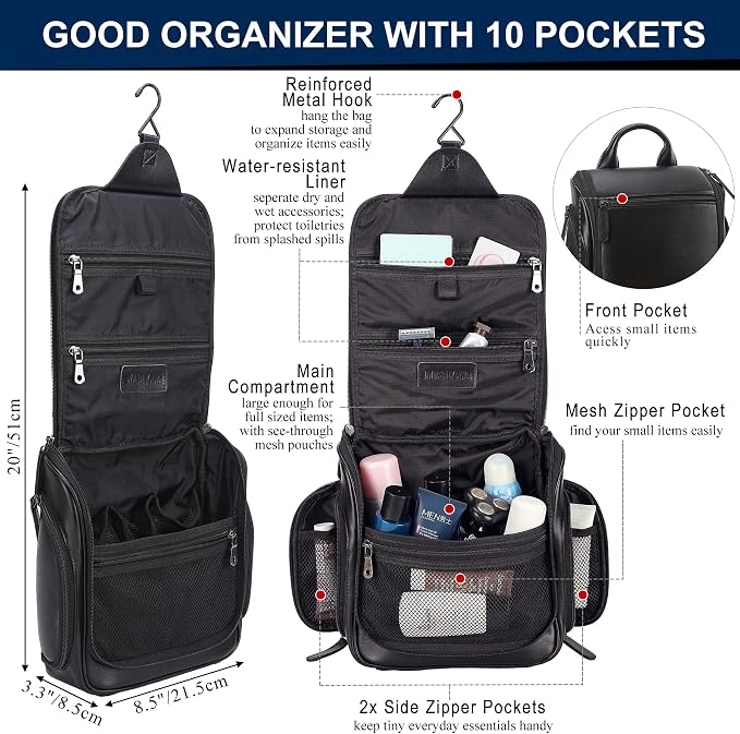 Masa Kawa Leather Hanging Travel Toiletry Bag for Men Portable Expandable Camping Cosmetics Makeup Toiletries Organizer Waterproof Bathroom Shaving Kit Black Wash Bags - Image 4