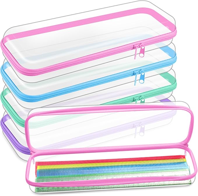 Hoolerry 4 Pcs Hard Clear Zipper Case Makeup Bags Plastic Zipper Pouch Transparent Storage Box Containers for Cosmetics, Snacks, Building Blocks, Puzzles(Clear,13.2 x 4.7 x 2.4 in,Pastel) by Hoolerry
