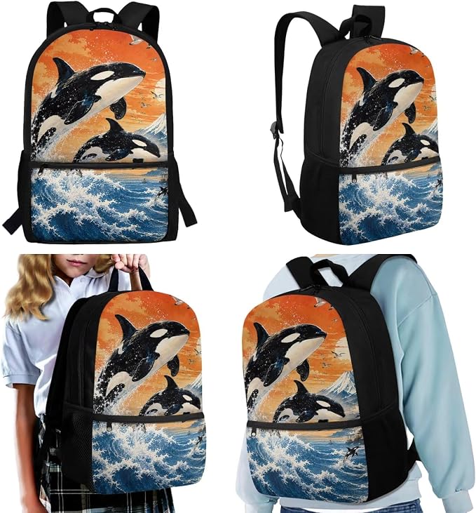 Killer Whale 4 In 1 Kids School Bag Set Water Resistant Backpack with Thermal Lunch Cooler, Pencil Pouch & Water Bottle Cover for Ocean Animal Lovers Girls Boys Back to School Supplies - Image 2
