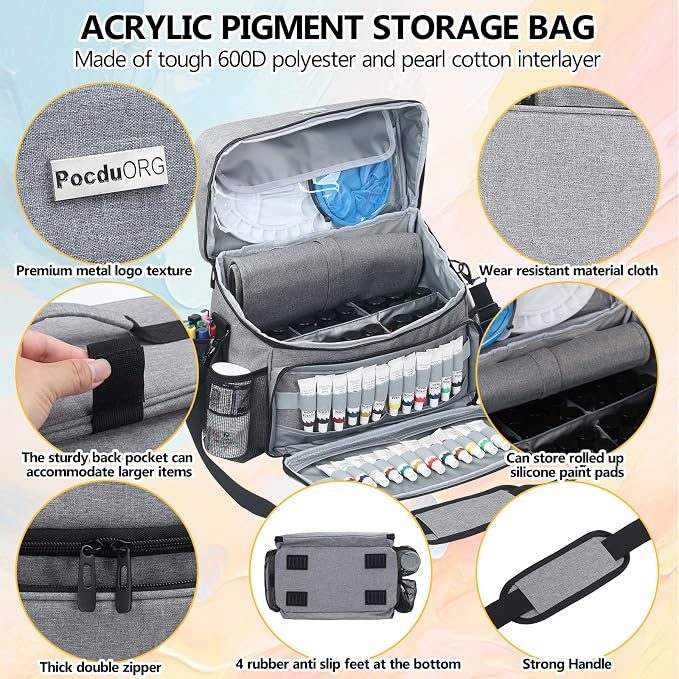 Acrylic Paint and Brush Set Organizer Bag - Carrying Case Compatible with Apple Barrel, Shuttle Art, Caliart Art Supplies - Includes Detachable Paint Brush Holder - for Home/Travel/Outdoor (Pro Gray) - Image 2