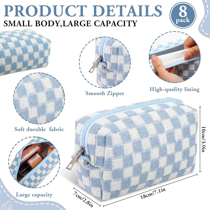 Gilprop 8 Pcs Checkered Makeup Bag for Purse Small Cosmetic Pouch Bulk Portable Zipper Makeup Pouch Travel Toiletry Organizer Gifts for Women Bridesmaid Wedding Party Favors (Blue) - Image 2