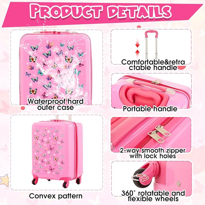 Sanwuta 4 Pcs Kids Luggage Set Back to School Gifts for Girls Boys Carry On Rolling Suitcase Backpack Neck Pillow Travel Set(17 Inch,Butterfly Style,Rose Pink) - Image 4