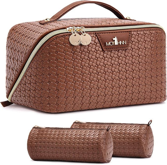 Travel Makeup Bag for Women: Designer 3 Pcs Set Cosmetic Bags for Women - Large Capacity Vagen Leather Hand-made for Toiletry Organizer - Ladies Travel Flat Open Essentials for Luxury (07Brown) by Unknown