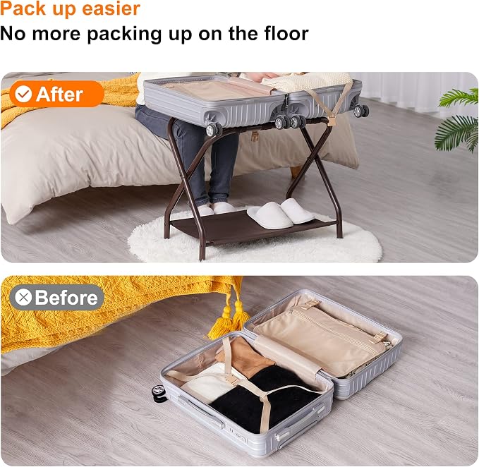 Heybly Luggage Rack for Guest Room, Pack of 2, Steel Folding Suitcase Stand with Storage Shelf for Bedroom, Hotel, Foldable Steel Frame, Guest Room 26.2" L x 14.4" W x 20.5" H, Brown HLR004Z2 - Image 8