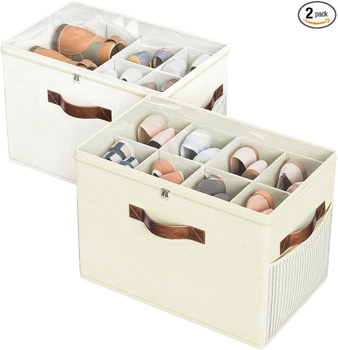 2 Pack Shoe Organizer for Closet, Foldable Shoe Storage with Adjustable | Farbic shoe storage organizer box bin with clear cover, fits up to 16 pairs, shoe storage box for closet, entryway, yellow by BuddingJoy-BuildaJoyfulLifeforYou