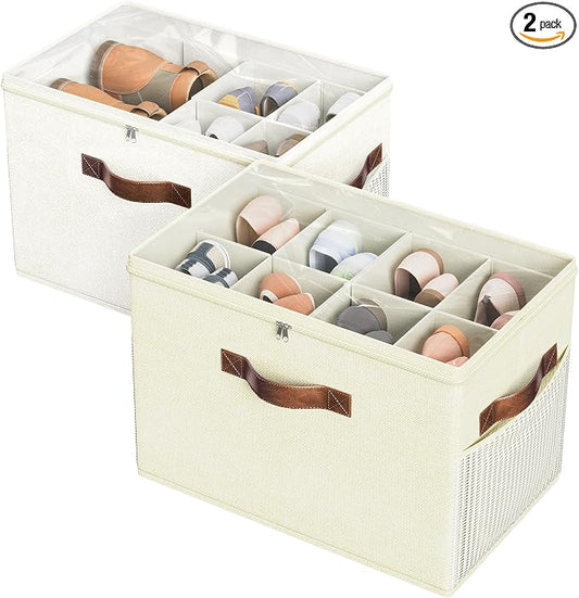 2 Pack Shoe Organizer for Closet, Foldable Shoe Storage with Adjustable | Farbic shoe storage organizer box bin with clear cover, fits up to 16 pairs, shoe storage box for closet, entryway, yellow by BuddingJoy-BuildaJoyfulLifeforYou
