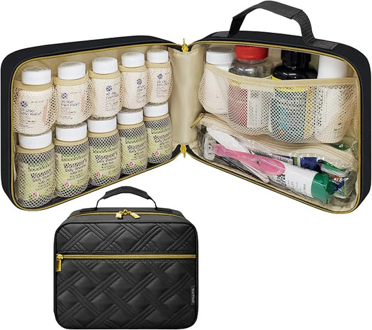Large Quilted Pill Bottle Organizer & Travel Medicine Bag, Black | Prescription bottle organizer with 10 individual bottle pockets and padded storage for medications, supplements, vitamins by StarPlus2