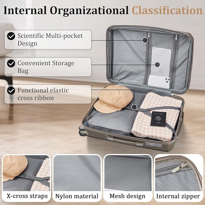 TRAVELEO 4 Piece Carry On Luggage Set 20 Inch, Expandable PP Hardshell Suitcase with Detachable Spinner Wheels & TSA Lock, Includes Cosmetic Case, Travel Tote & Toiletry Bag, Lightweight (Champagne) - Image 4