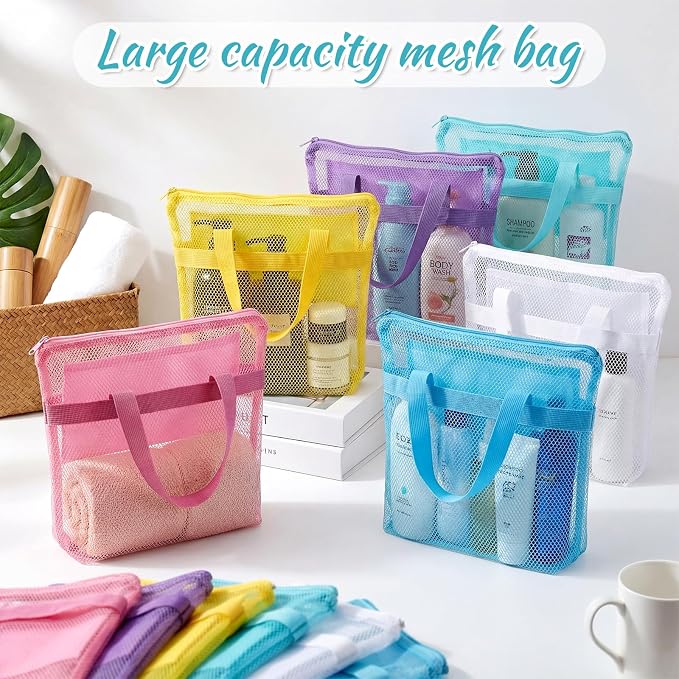 20 Pcs Mesh Beach Bags Bulk Portable Mesh Shower Caddy Bags with Zipper & 2 Pockets Hanging Toiletry and Bath Organizer for Beach Gym Camp Swimming Travel College Dorms (Macaron Color) - Image 4