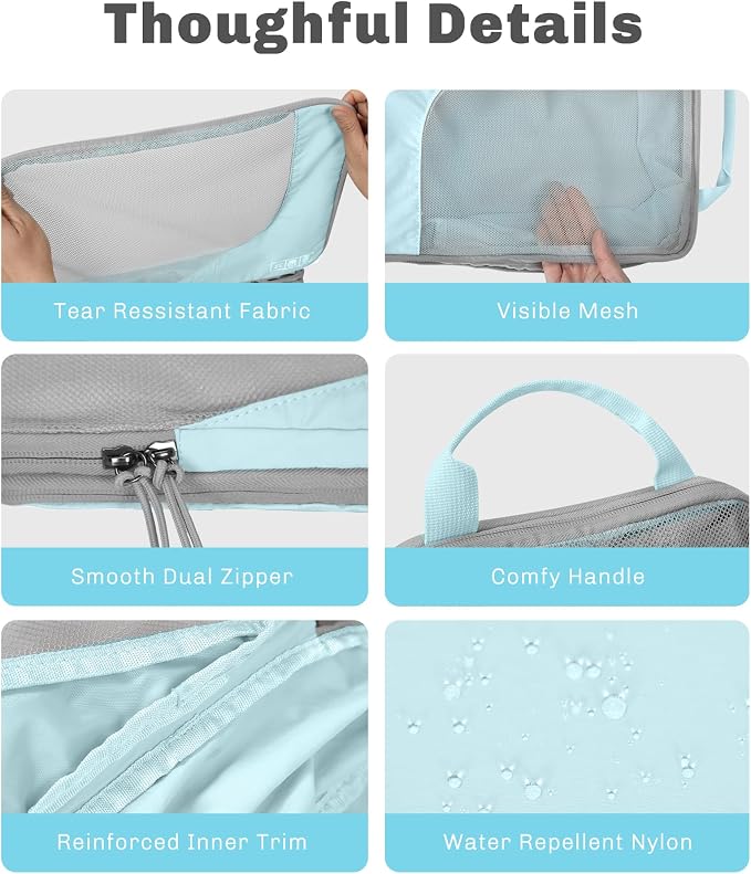 Hynes Eagle 6 Set/ 4 Set/ 2 Set Compression Packing Cubes Travel Essentials Lightweight Nylon Luggage Suitcase Organizer Bag Light Blue 4PCS - Image 7