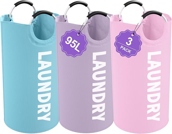 3PCS 95L Laundry Basket, Collapsible Clothes Hamper with Handle, 600D Oxford Cloth Laundry Bin, Stand-alone Dirty Clothes Hamper for Livingroom, Bedroom, Family, Pink+Blue+Purple by IHOMAGIC