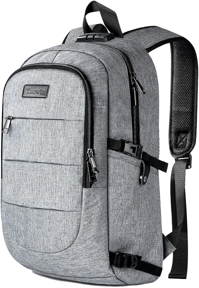 Tzowla Travel Laptop Backpack Water Resistant Anti-Theft Bag with Giant Tumbler Holder Pocket and Lock 15.6 Inch Computer Business Backpacks for Women Men Work College Gift,Casual Daypack(Grey) by Tzowla