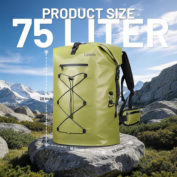 75L Dry Bag Waterproof Backpack Roll-Top Heavy Duty Dry Bag Cushioned Hiking Dry Pack for Kayaking Boating Paddle Fishing Boarding Rafting Travel Camping Beach Cruise Ship - Image 2