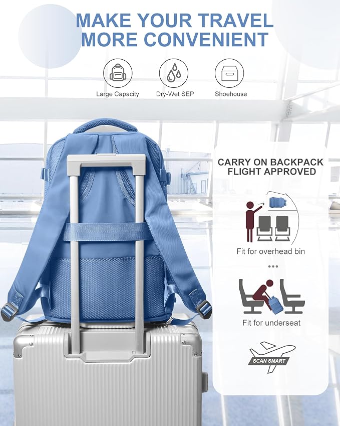 coowoz Travel Backpack for Women Man Carry On Backpack Mochila de Viaje Waterproof Teacher Personal Item Backpack Travel Bag Essentials Rucksack Airplane Accessories Must Haves Sky Blue Small - Image 5