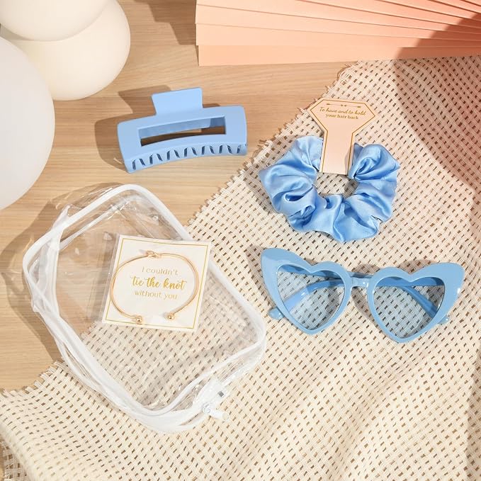 DEEKA 5 Pcs Bridesmaid Proposal Bag Set Gift Clear Makeup Toiletry Bag Bachelorette Party Favors Sunglasses Hair Claw Clips Scrunchies Knot Bracelets Bridal Wedding Party Gifts (Blue) - Image 7