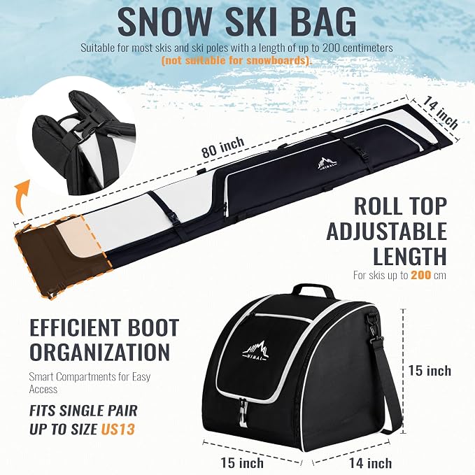 GoHimal Ski Bag & Boot Bag Combo, Padded Ski Carrier | Fits Skis Up to 200CM, Fits Boots Up to US13, Safety Reinforced, Water-Resistant, Ski Travel Bag - Image 2