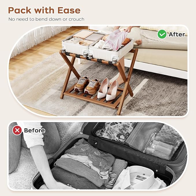 Full Assembled 26.77"L Luggage Rack Set of 1 - Luggage Stand for Guest Room, Foldable Suitcase Stand with Shoe Shelf, Luggage Holder for Suitcases, Bedroom, Hotel (Walnut Bamboo Suitcase Holders) - Image 4