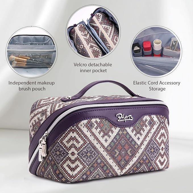 BOYATU Travel Makeup Bag Organizer: Boho Large Capacity Cosmetic Bag Sets | 3Pcs Waterproof Leather Toiletry Bags | 180°Open Flat Make up Case with Compartments | Western Travel Essentials for Women - Image 4