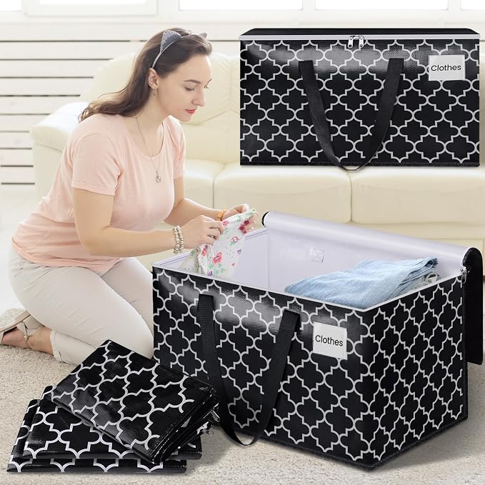 HomeHacks Heavy Duty Moving Bags with Tag Pockets, Collapsible Storage Totes for Moving, Camping & Travel -Foldable Packing Boxes, Zipper Handles, Black（6 Packs, 100L） - Image 7