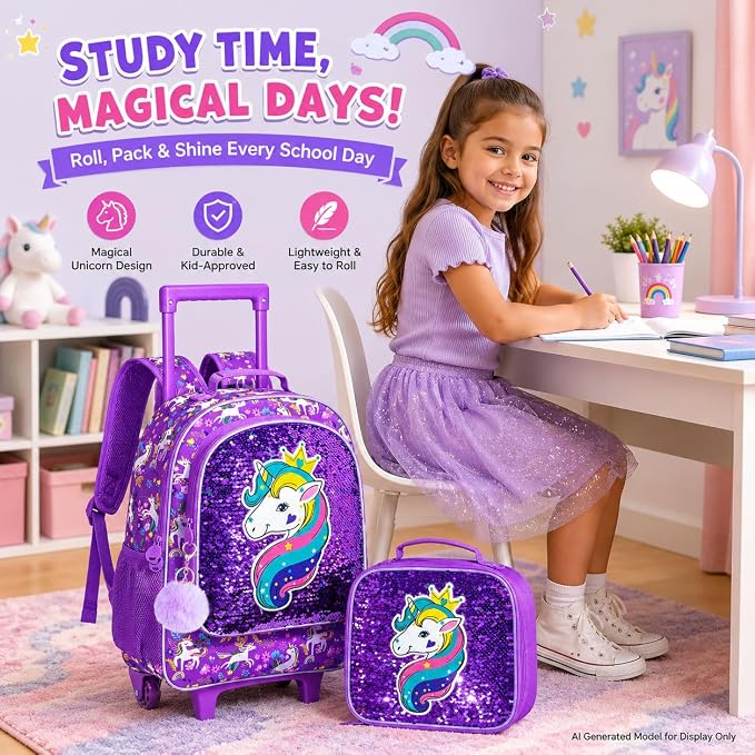 AGSDON 3PCS Rolling Backpack for Girls Boys, Kids Roller Wheels Bookbag, Wheeled School Bag with Lunch Bag - Image 9