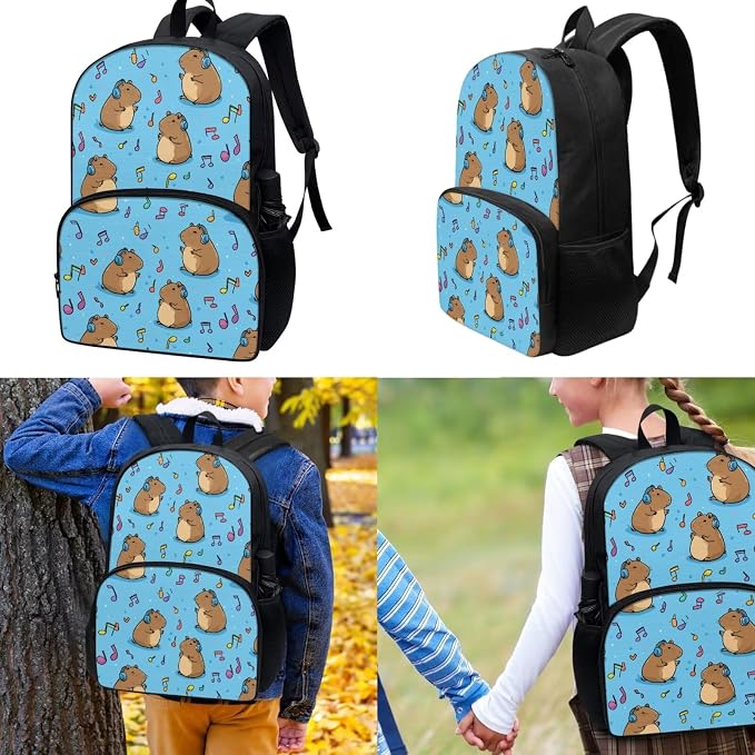 Music Capybara Backpack Pencil Case and Lunch Box 3 Piece Primary School Student Backpack for School Girls 3rd Grade with Lunchbox Girls Ages 6-8 Bookbag/Lunch Bag Set - Image 3
