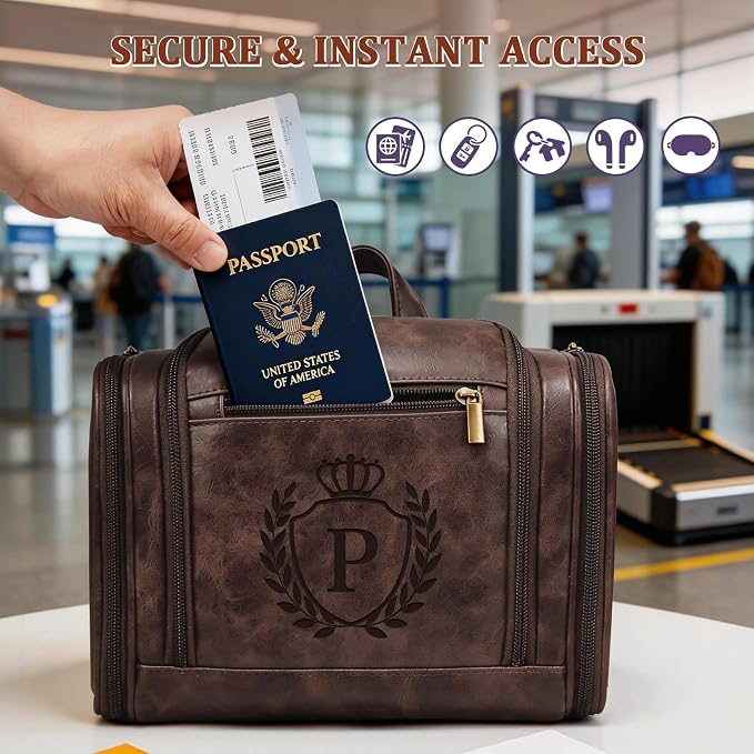 Personalized Mens Large Leather Travel Toiletry Bag Hanging Dopp Kit Grooming with Laser Engraved Initials, Custom Monogrammed Gifts for Groomsmen Groom Boss Friend Brother, Tan Letter P - Image 5