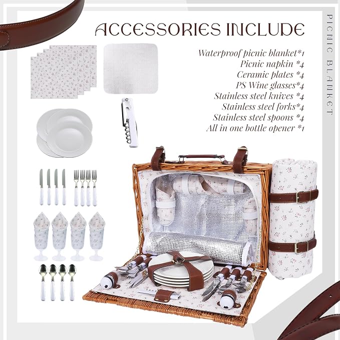 Picnic Baskets Wicker Willow Picnic Set for 4 Persons with Insulated Cooler Bag and White Floral Waterproof Picnic Blanket Gift for Christmas Thanksgiving Wedding Birthday Camp Outdoor Beach Travel - Image 3