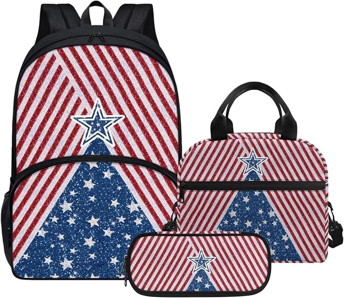 Red American Flag Stripes Stars Backpack Set for Girls Kids Lightweight Cute School Backpack with Lunch Box Pencil Case Adjustable Strap Padded Book Bag Insulated Lunch Bag by Parprinty