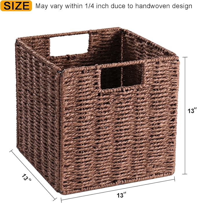 Vagusicc Wicker Storage Basket, Set of 2 Hand-Woven Storage Baskets for Shelves with Handles, Foldable Cube Storage Baskets Bins Organizer, 13 inch Large Wicker Baskets for Pantry Bedroom Decor, Brown - Image 2