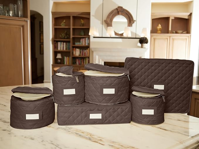 Covermates Keepsakes Dish Storage Set – Padded China & Dinnerware Storage Cases with Dividers, Cup & Stemware Storage, Quilted Polyester Protection, ID Window, Bronze - Image 6