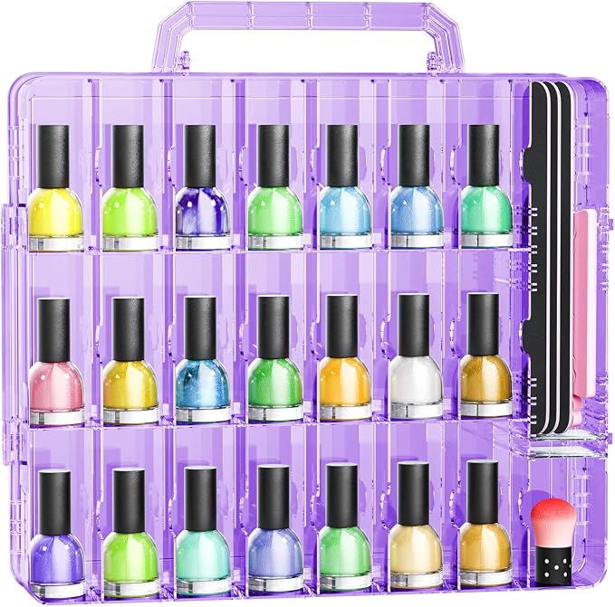 JIASHENG Nail Polish Organizer Case Holders 48 Bottles Nail Storage Box | Double Side Adjustable Space Divider for Acrylic Nail Gel Dip Powder Tips Set with Toe Separator, Purple by JiashengDirect